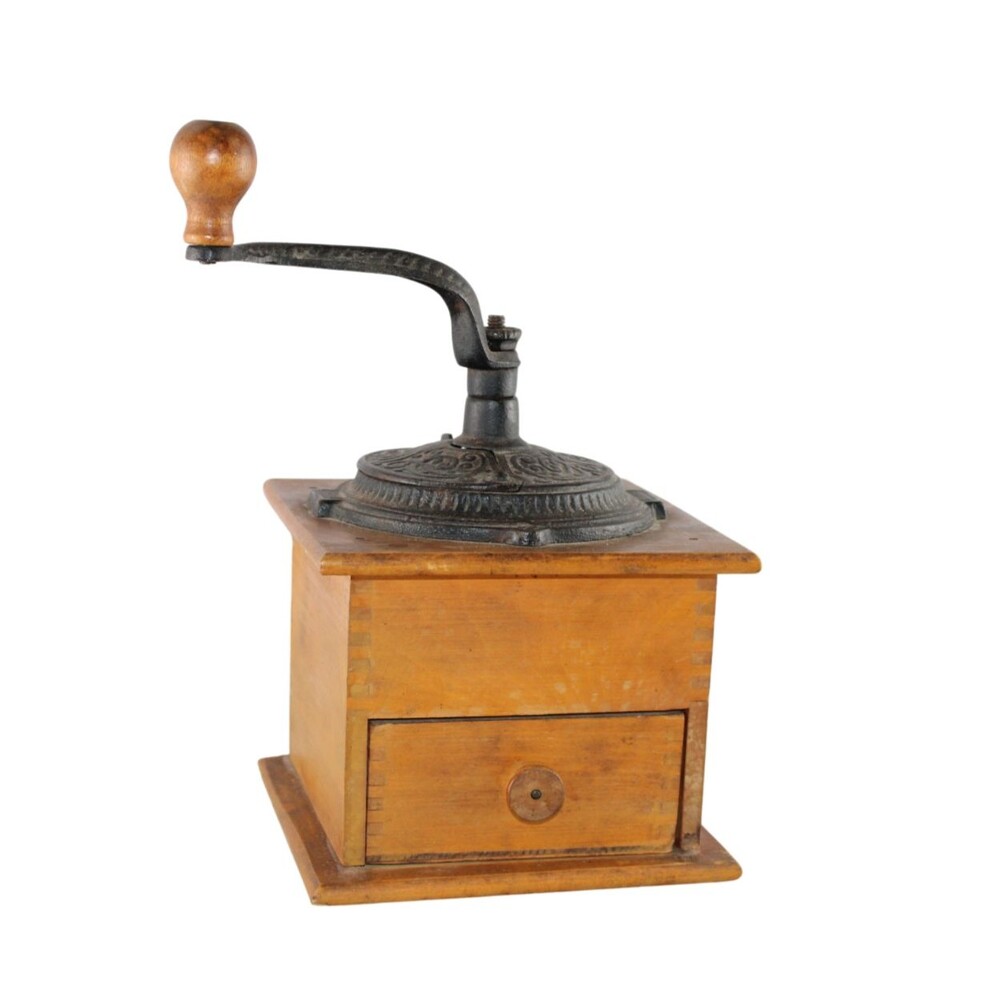 Antique Imperial Style Coffee Grinder Hand Crank Cast Iron Wood Farmhouse Decor